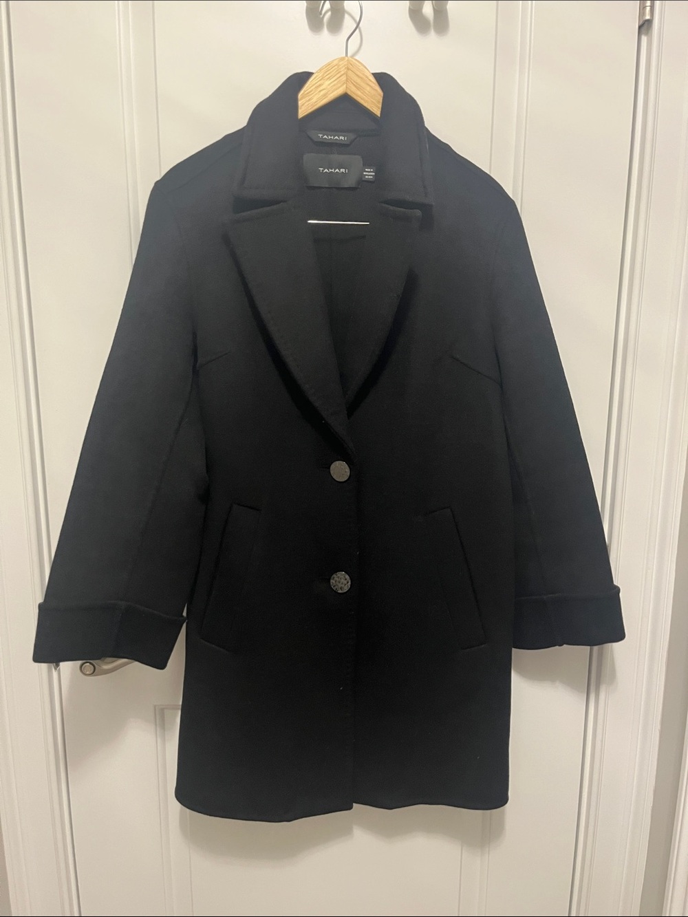 Tahari Black Single-Breasted Wool-Blend Pea Coat
